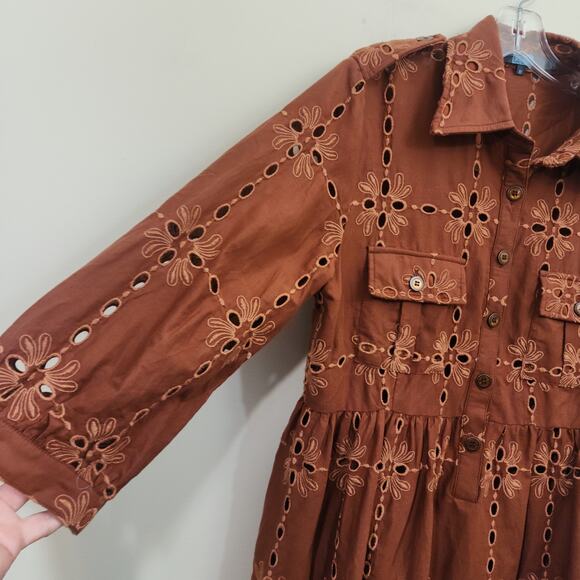 Eva Franco large eyelet chocolate brown 3/4 sleeve button front dress size M - Picture 8 of 9
